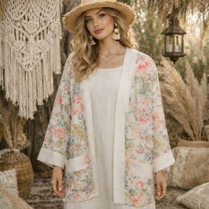 Vintage B.G.B. Flax Blend Floral Open Front KimonoJacket AND Dress Set Beige 14